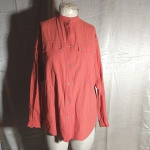 Vintage Late 80s Early 90s Bright Orange 100% Cotton Yellow Blue Pinstripe top